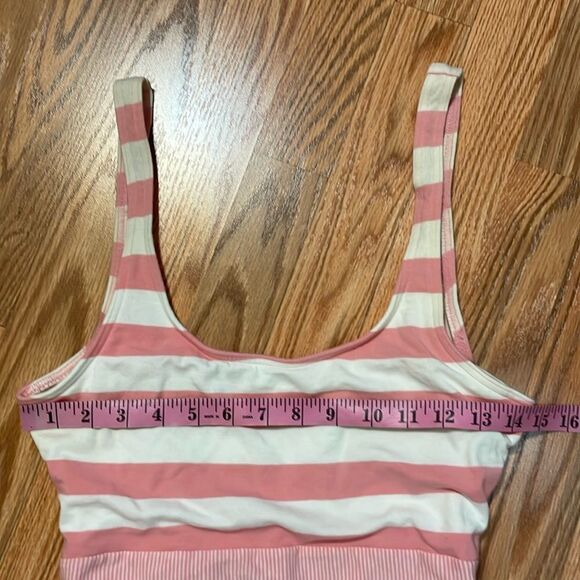 90s Pink Swimsuit, vintage Jantzen Striped Tank style Suit, cotton Lycra, 12 - Picture 2 of 10